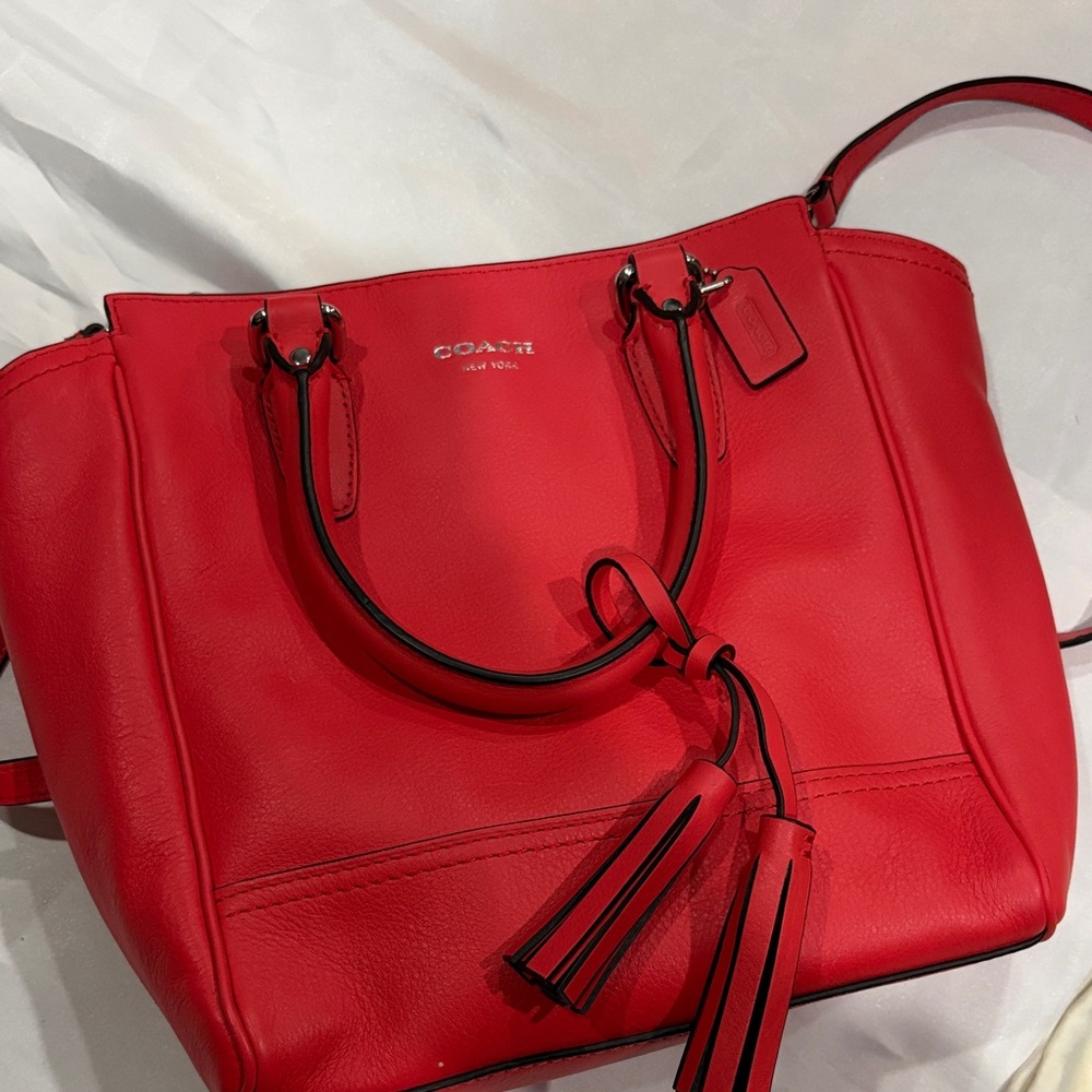 Coach Bright Red Leather Tote with Tassel Accent